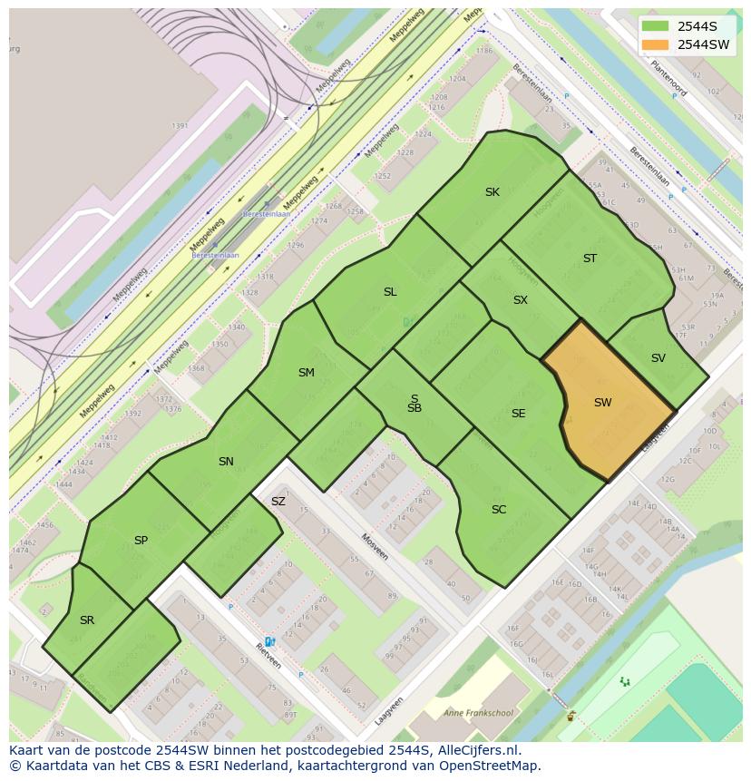 Afbeelding van het postcodegebied 2544 SW op de kaart.