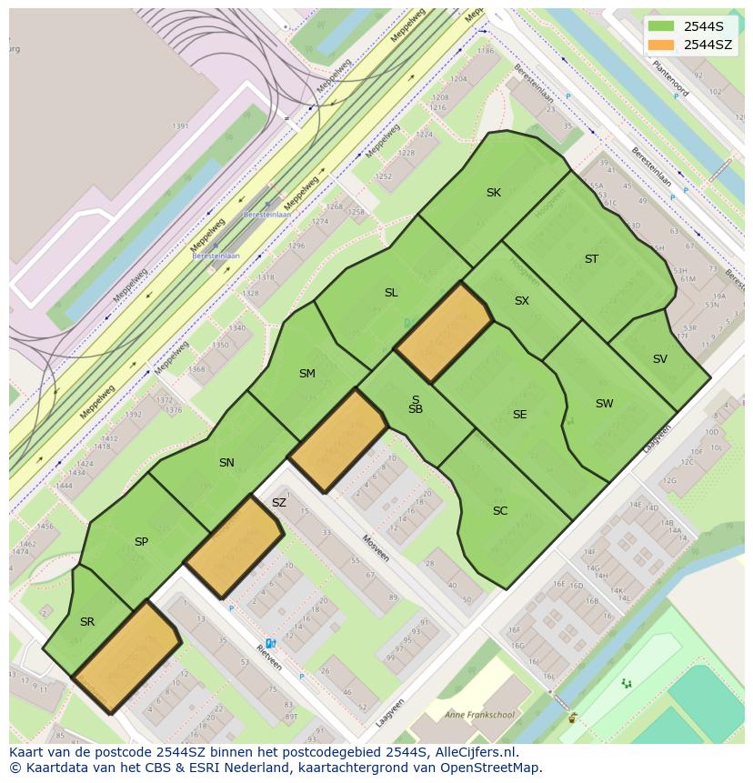 Afbeelding van het postcodegebied 2544 SZ op de kaart.