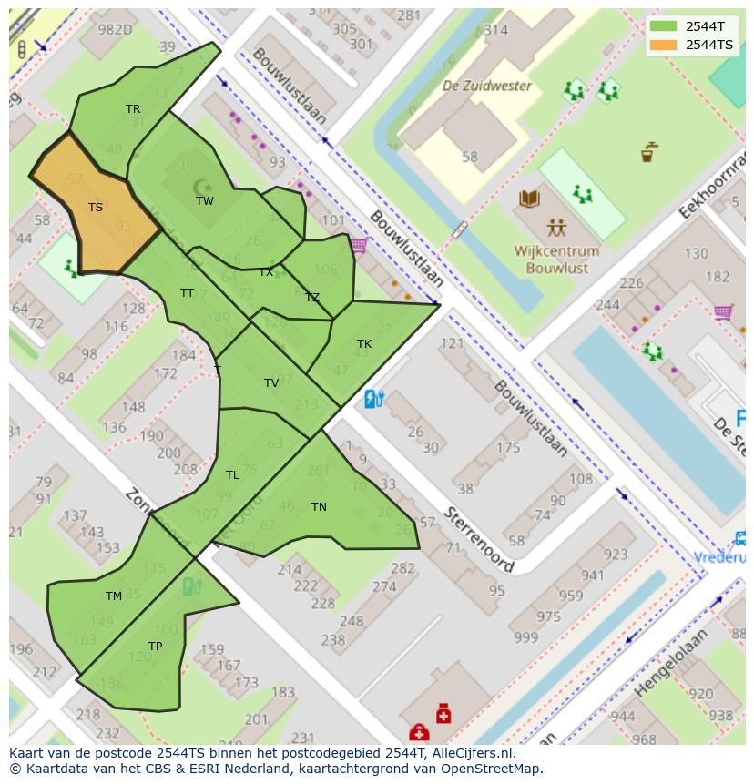 Afbeelding van het postcodegebied 2544 TS op de kaart.