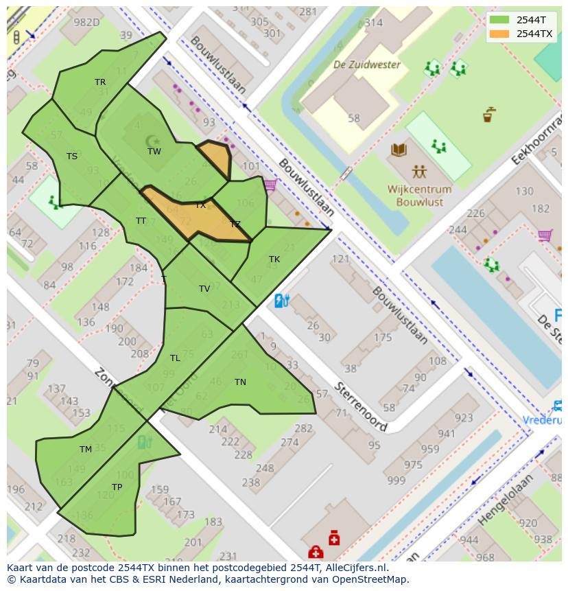 Afbeelding van het postcodegebied 2544 TX op de kaart.