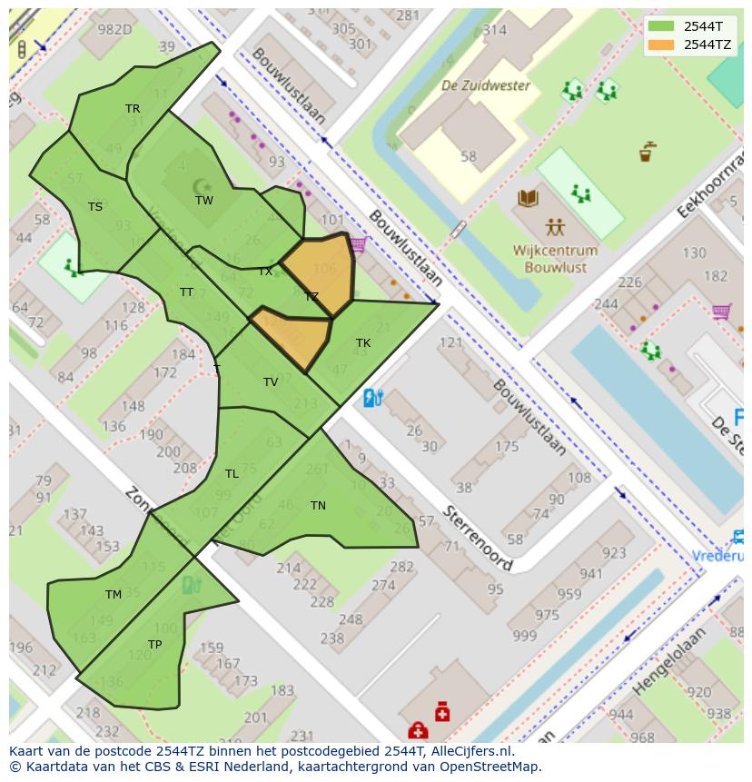 Afbeelding van het postcodegebied 2544 TZ op de kaart.