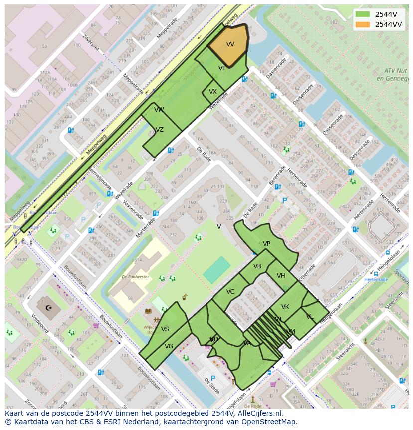 Afbeelding van het postcodegebied 2544 VV op de kaart.