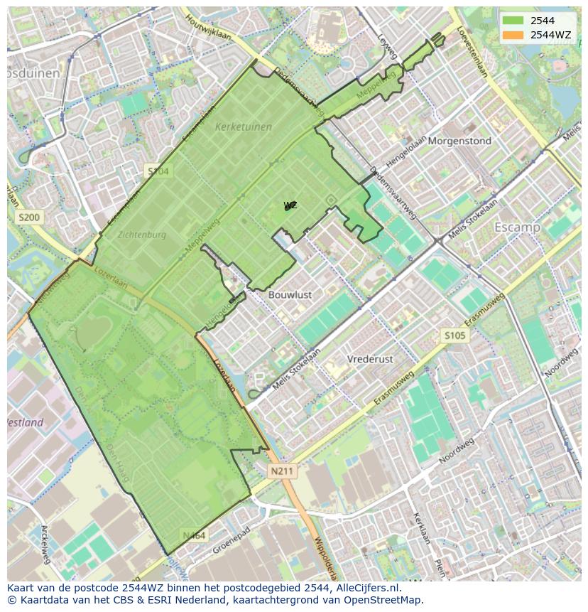 Afbeelding van het postcodegebied 2544 WZ op de kaart.