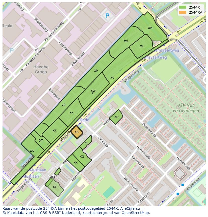 Afbeelding van het postcodegebied 2544 XA op de kaart.