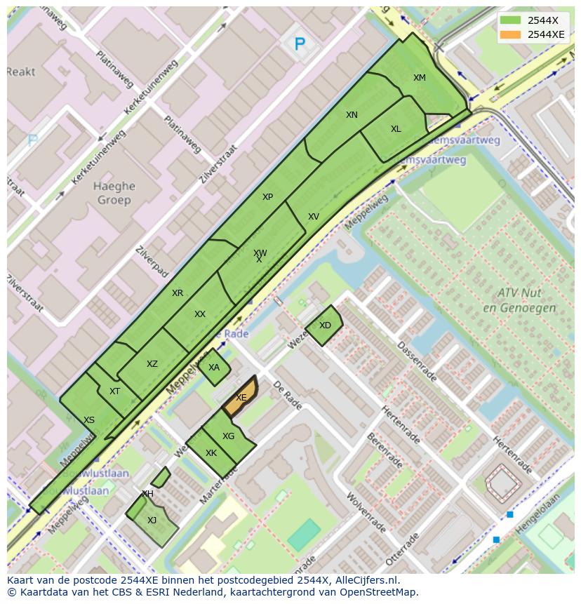 Afbeelding van het postcodegebied 2544 XE op de kaart.