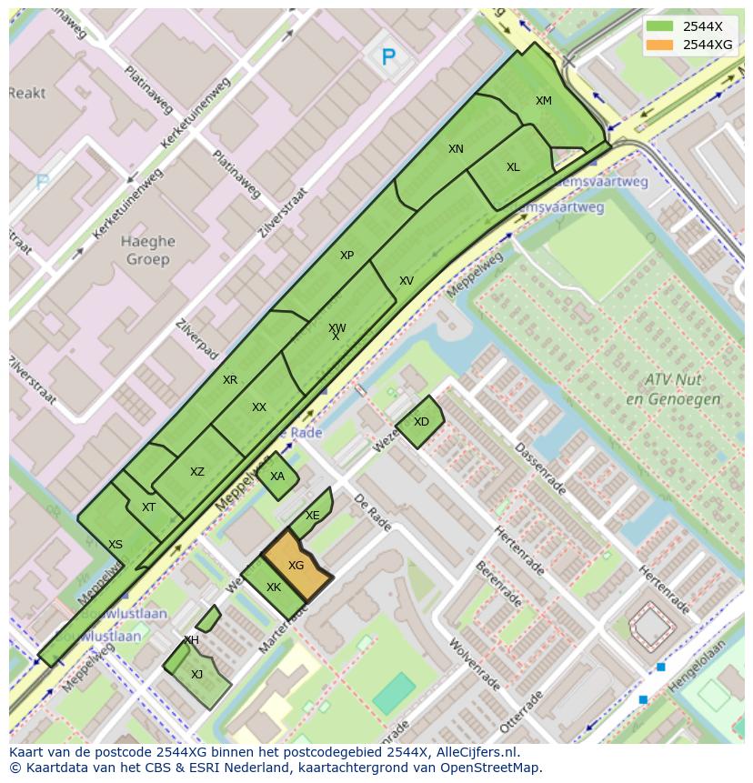 Afbeelding van het postcodegebied 2544 XG op de kaart.