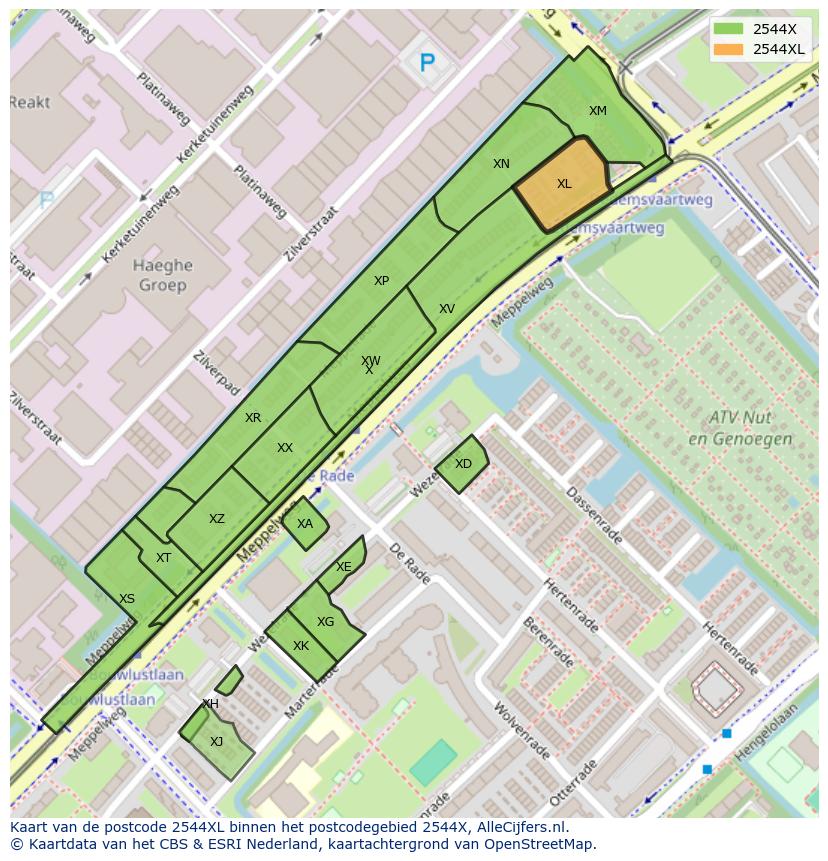 Afbeelding van het postcodegebied 2544 XL op de kaart.