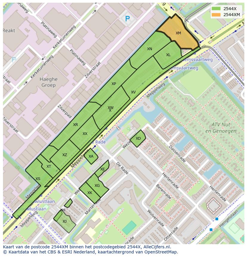 Afbeelding van het postcodegebied 2544 XM op de kaart.