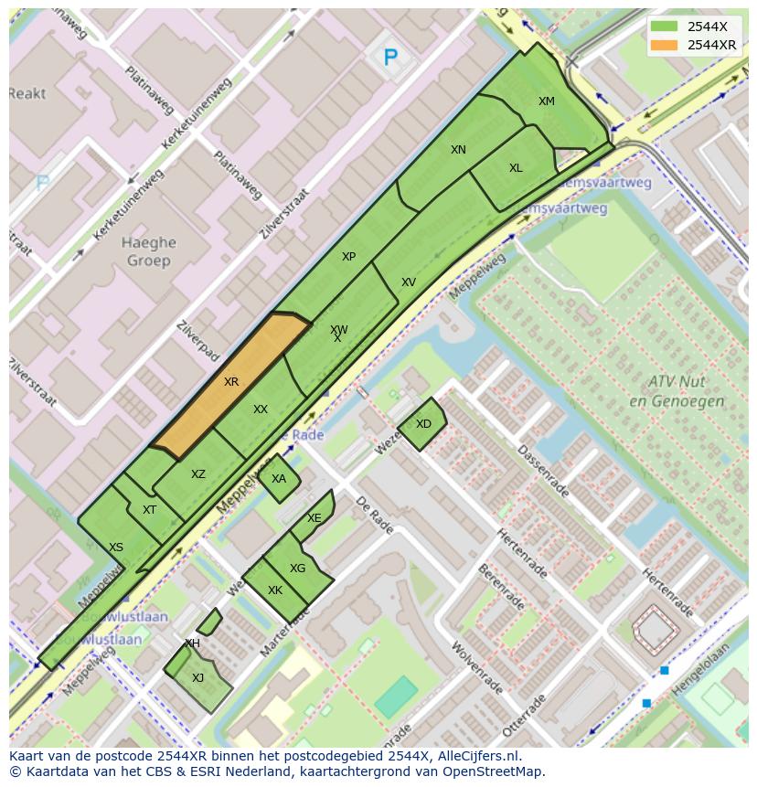 Afbeelding van het postcodegebied 2544 XR op de kaart.