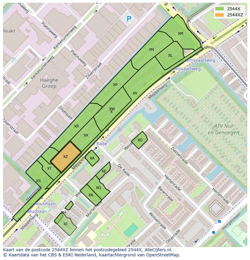 Afbeelding van het postcodegebied 2544 XZ op de kaart.