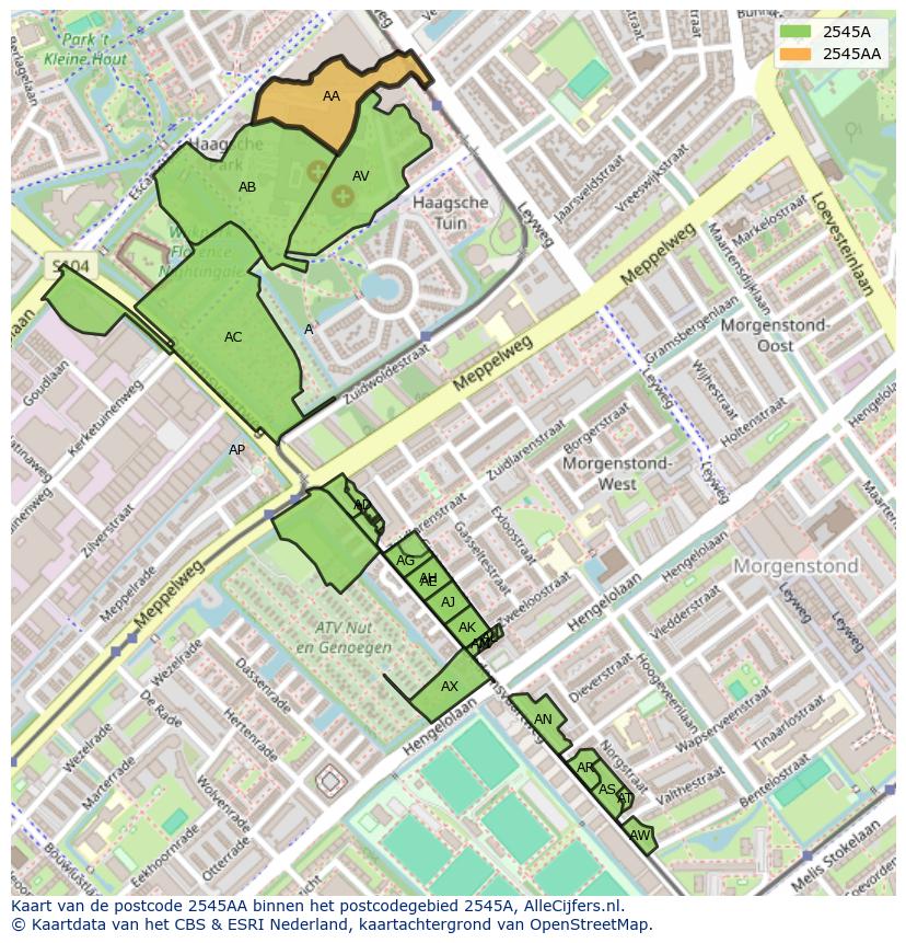 Afbeelding van het postcodegebied 2545 AA op de kaart.