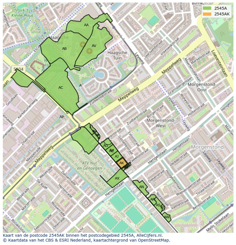 Afbeelding van het postcodegebied 2545 AK op de kaart.