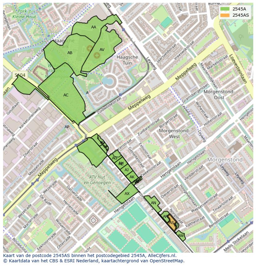 Afbeelding van het postcodegebied 2545 AS op de kaart.