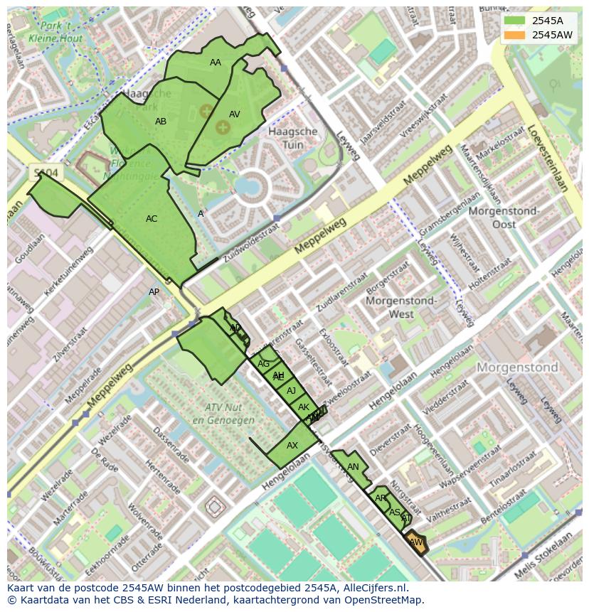 Afbeelding van het postcodegebied 2545 AW op de kaart.