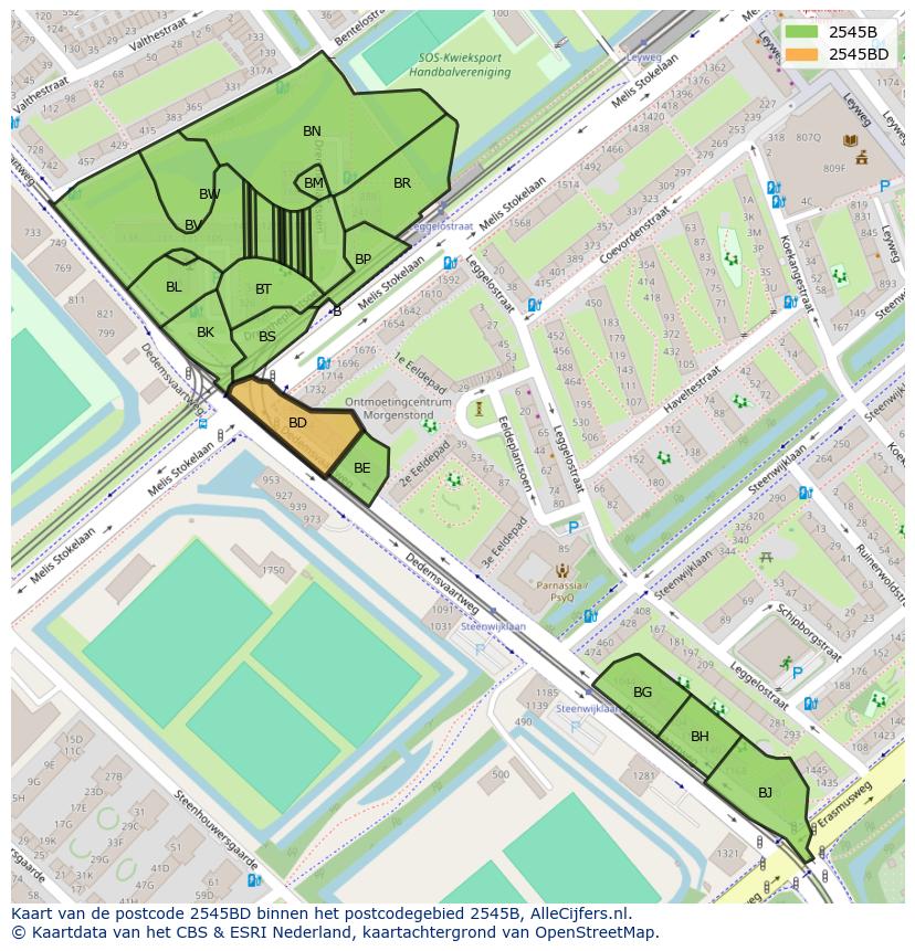Afbeelding van het postcodegebied 2545 BD op de kaart.