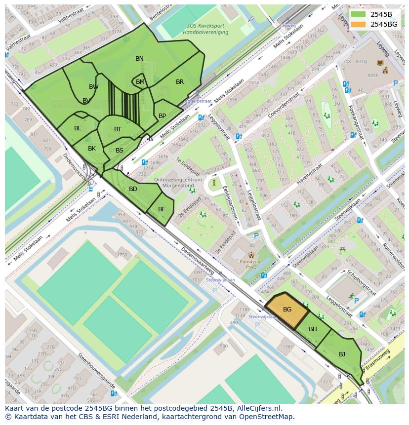 Afbeelding van het postcodegebied 2545 BG op de kaart.