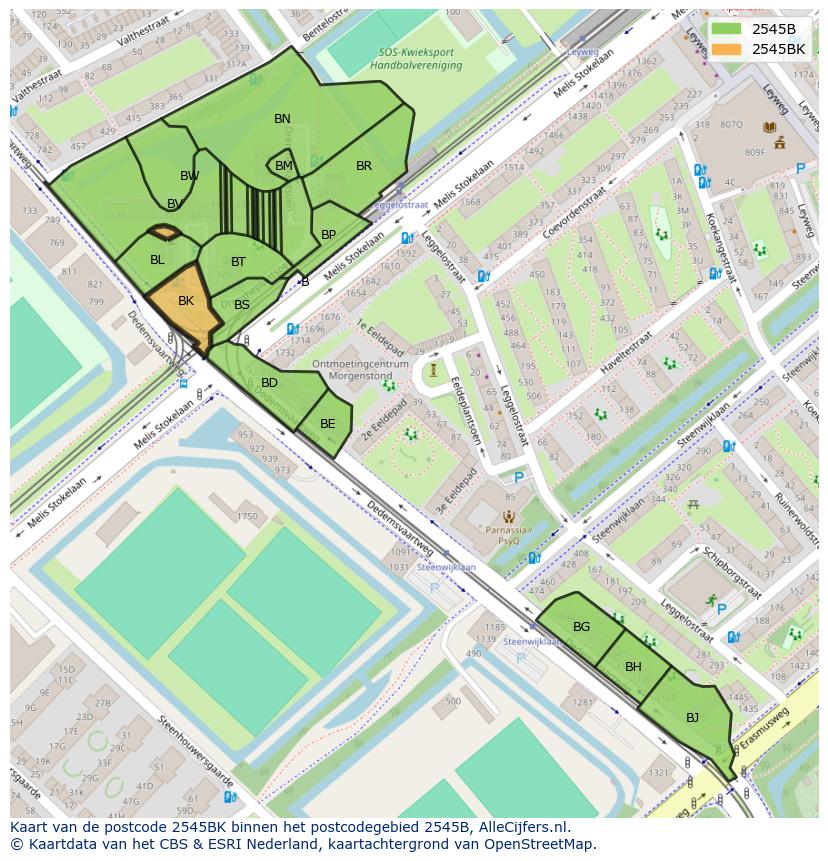 Afbeelding van het postcodegebied 2545 BK op de kaart.