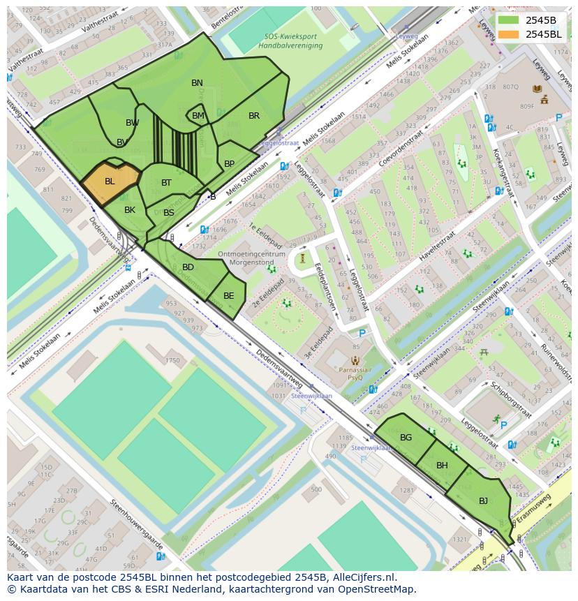 Afbeelding van het postcodegebied 2545 BL op de kaart.