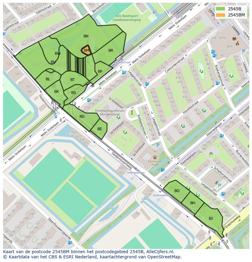 Afbeelding van het postcodegebied 2545 BM op de kaart.