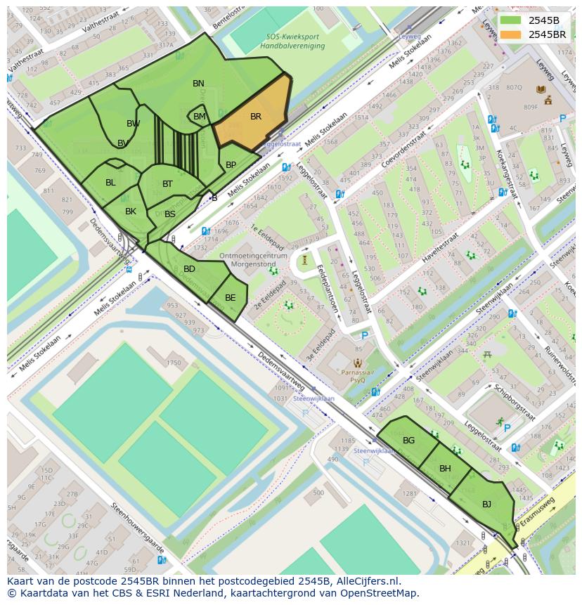 Afbeelding van het postcodegebied 2545 BR op de kaart.