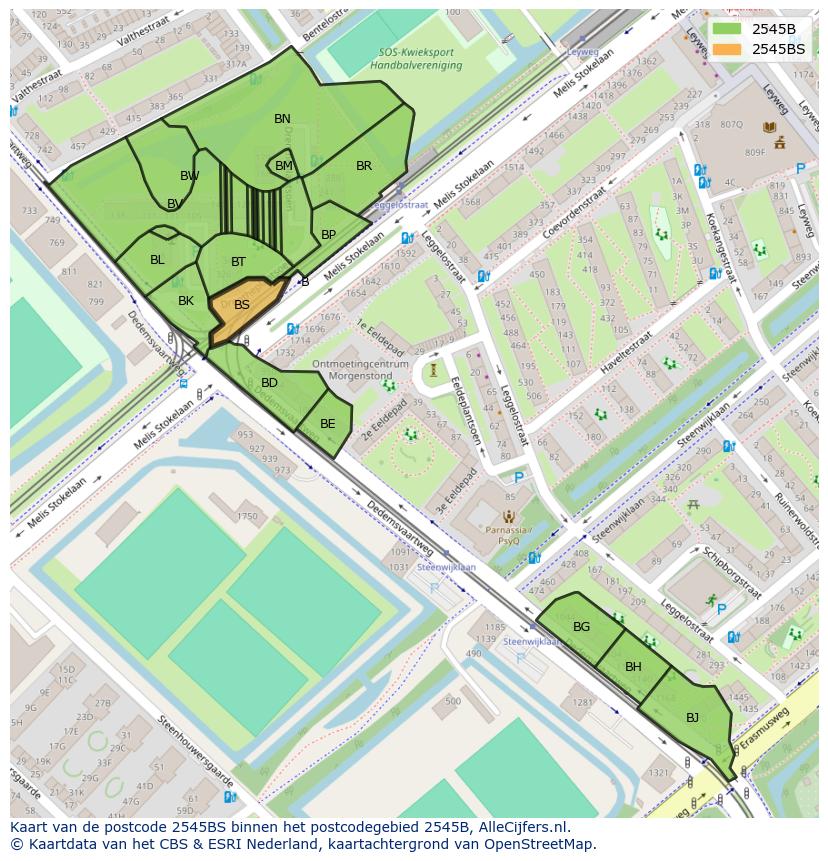 Afbeelding van het postcodegebied 2545 BS op de kaart.