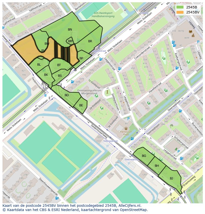 Afbeelding van het postcodegebied 2545 BV op de kaart.