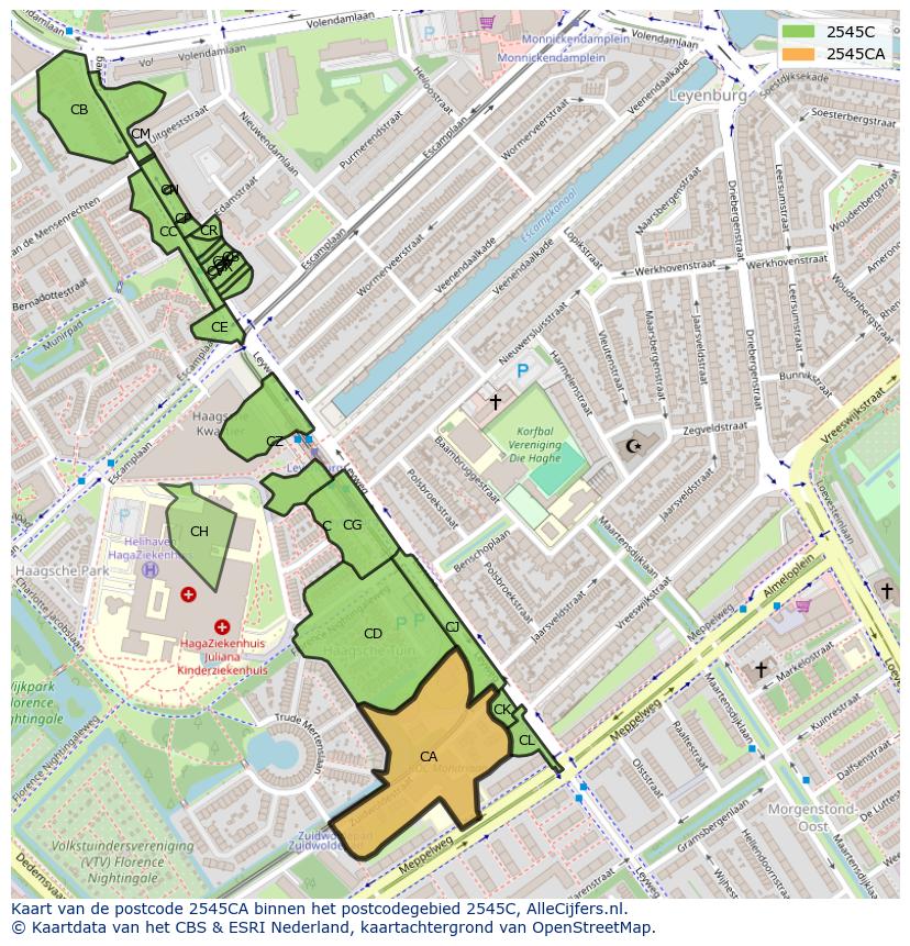 Afbeelding van het postcodegebied 2545 CA op de kaart.