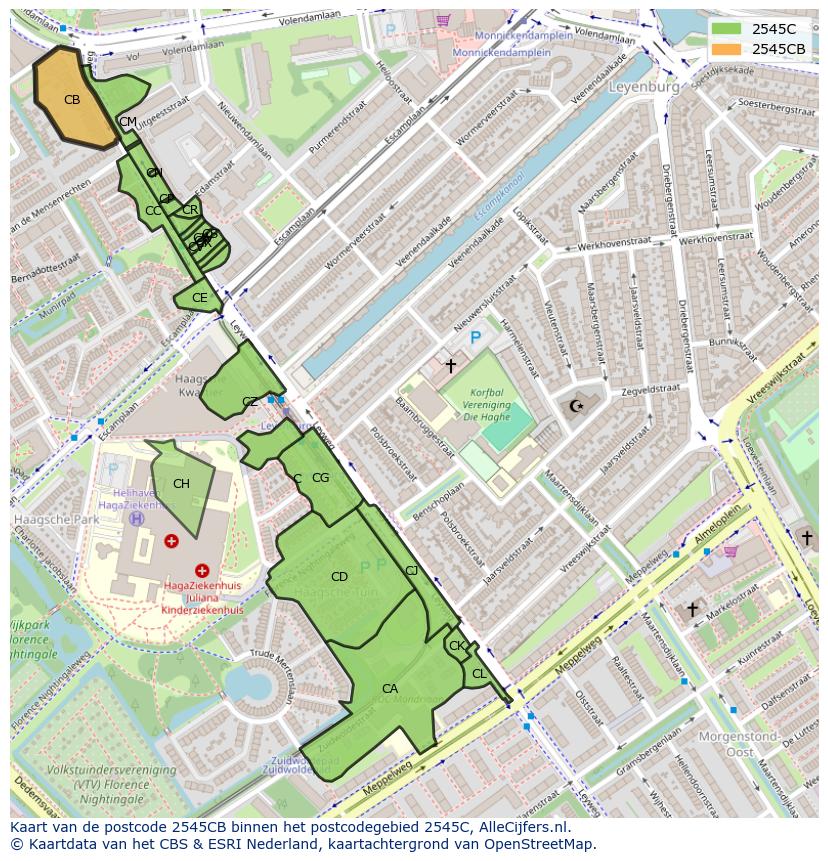 Afbeelding van het postcodegebied 2545 CB op de kaart.