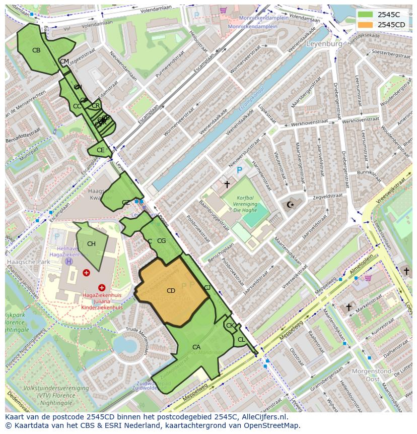 Afbeelding van het postcodegebied 2545 CD op de kaart.