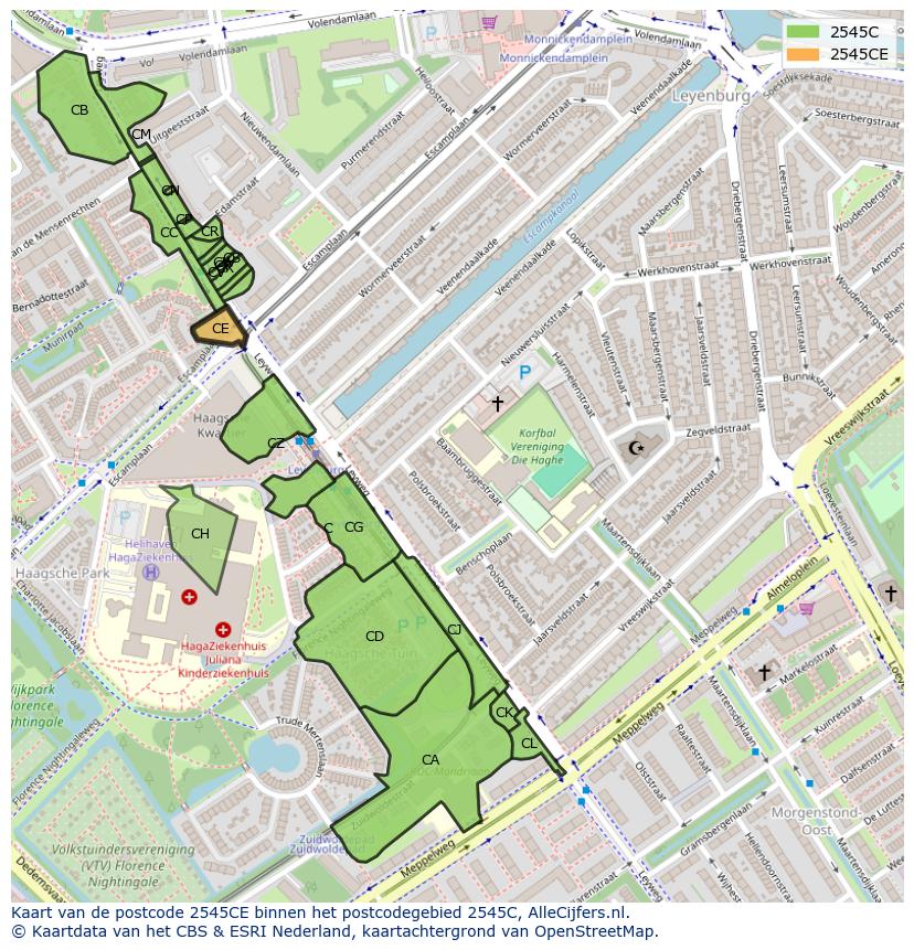 Afbeelding van het postcodegebied 2545 CE op de kaart.