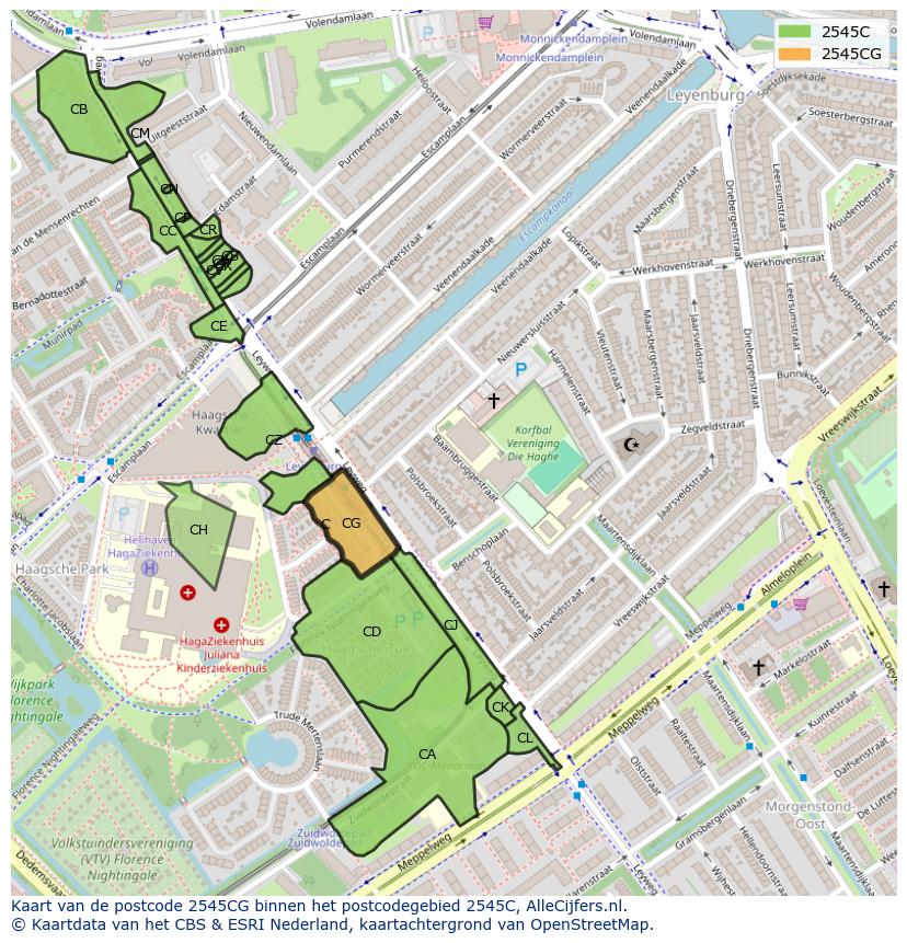 Afbeelding van het postcodegebied 2545 CG op de kaart.