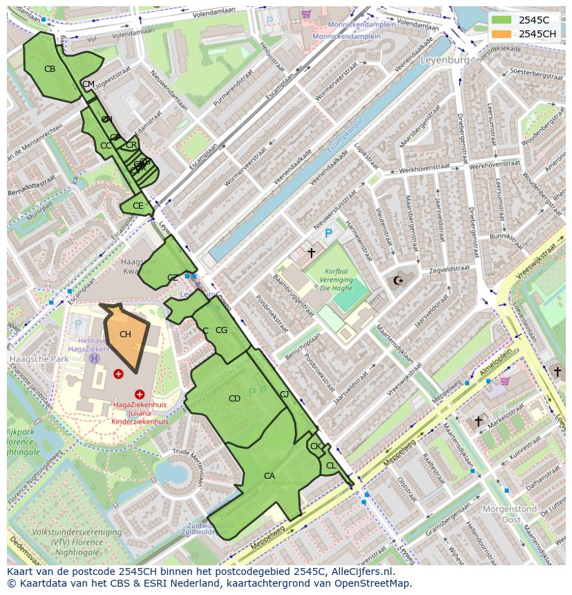Afbeelding van het postcodegebied 2545 CH op de kaart.