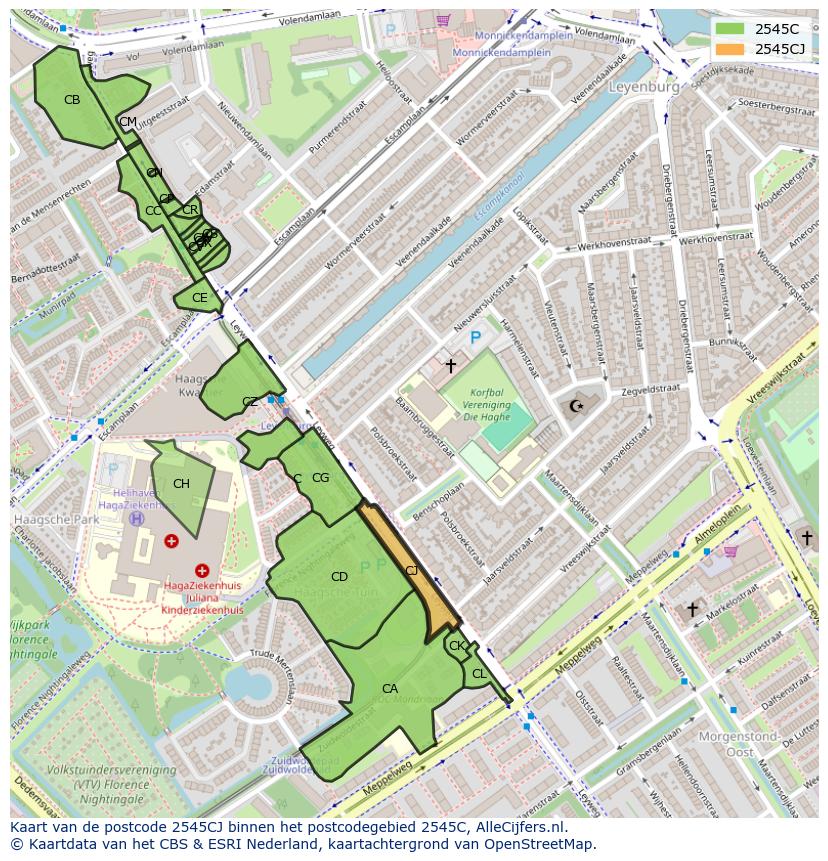 Afbeelding van het postcodegebied 2545 CJ op de kaart.
