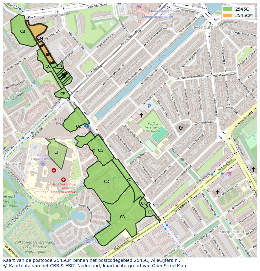 Afbeelding van het postcodegebied 2545 CM op de kaart.