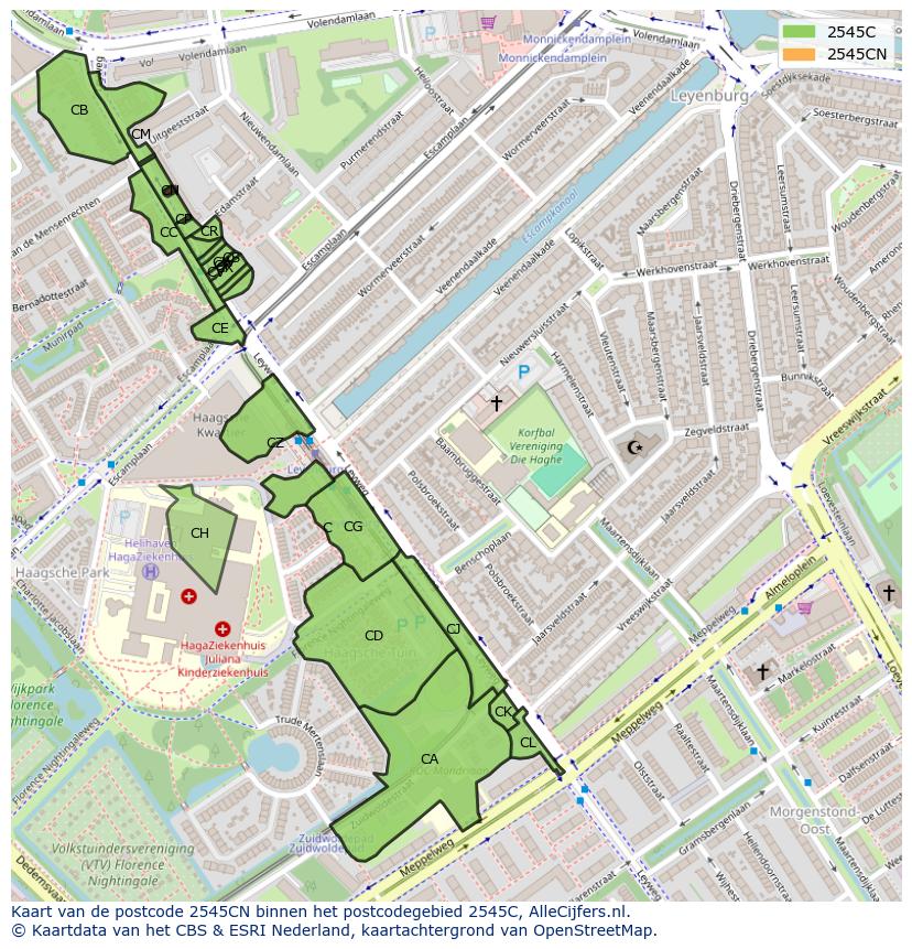 Afbeelding van het postcodegebied 2545 CN op de kaart.