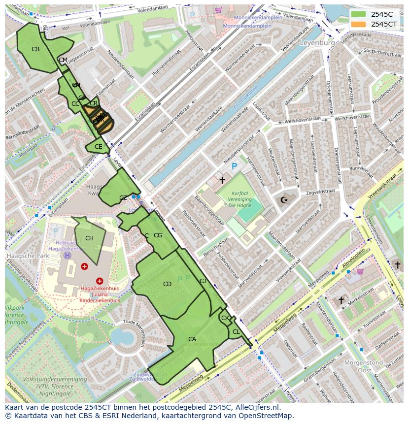 Afbeelding van het postcodegebied 2545 CT op de kaart.