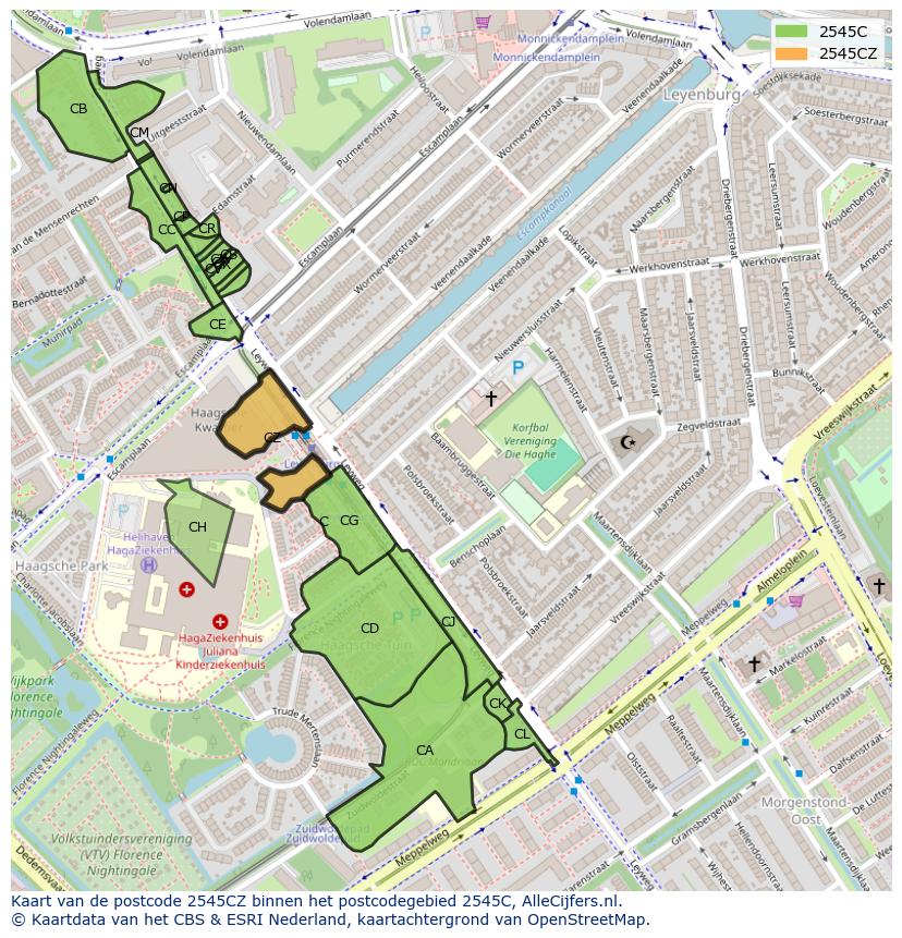 Afbeelding van het postcodegebied 2545 CZ op de kaart.