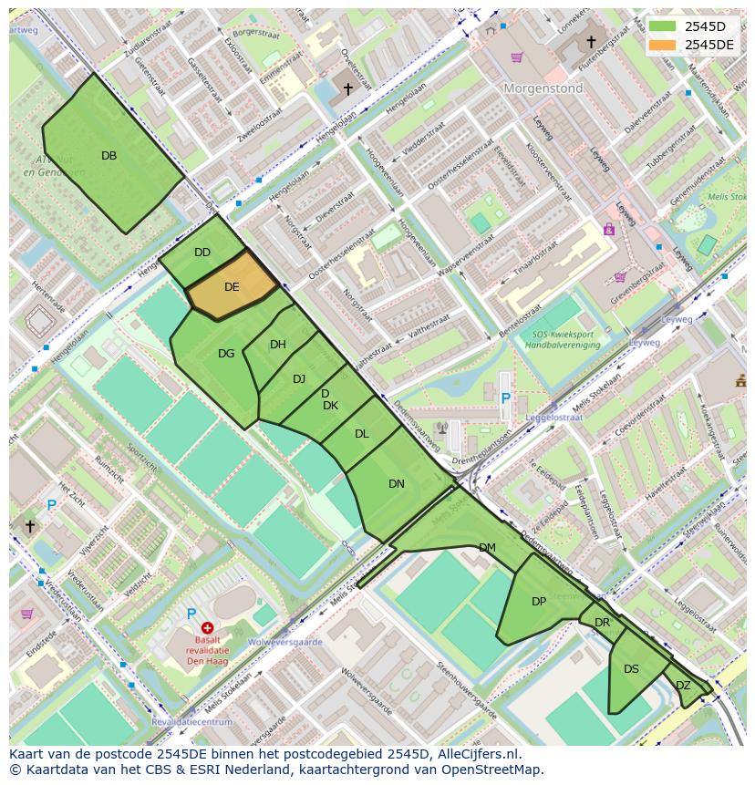 Afbeelding van het postcodegebied 2545 DE op de kaart.