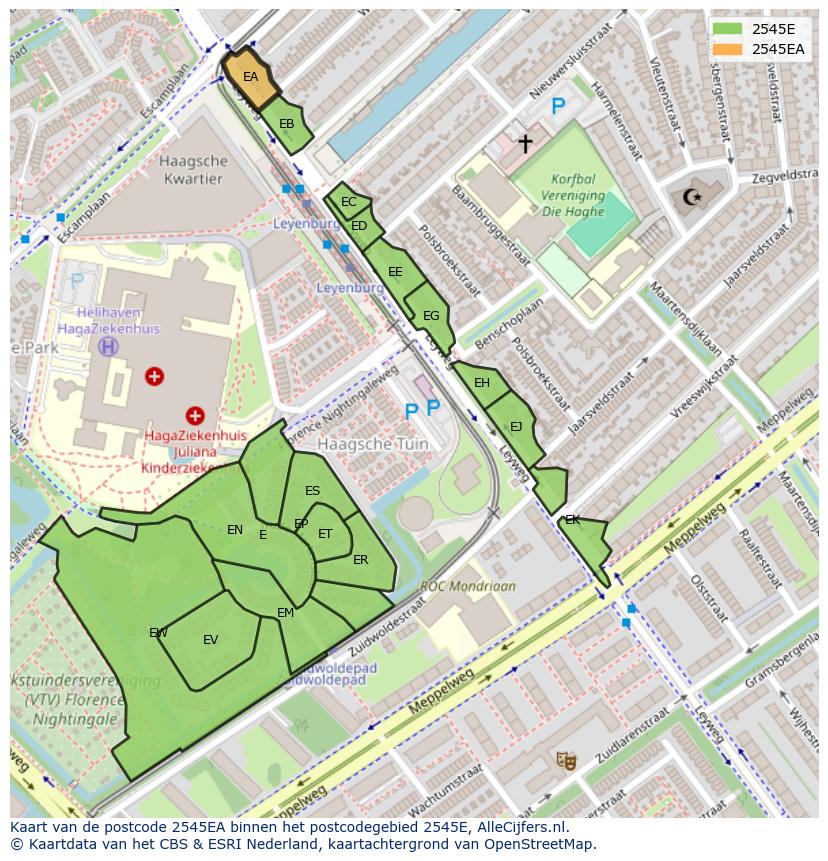 Afbeelding van het postcodegebied 2545 EA op de kaart.