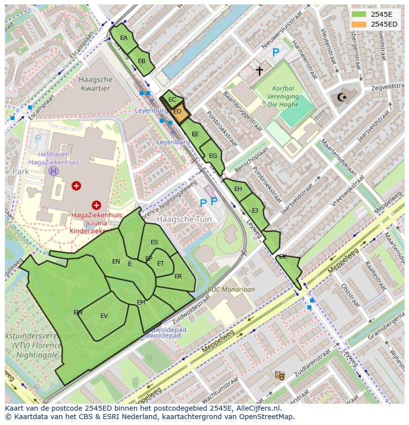 Afbeelding van het postcodegebied 2545 ED op de kaart.