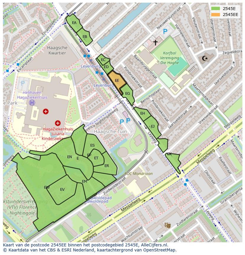 Afbeelding van het postcodegebied 2545 EE op de kaart.