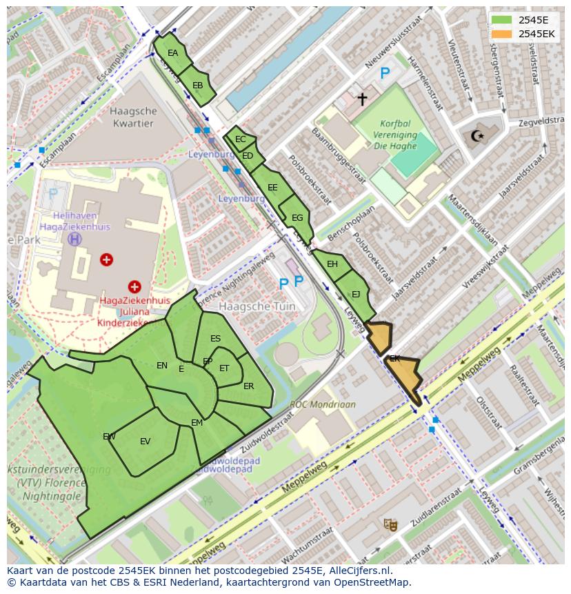 Afbeelding van het postcodegebied 2545 EK op de kaart.
