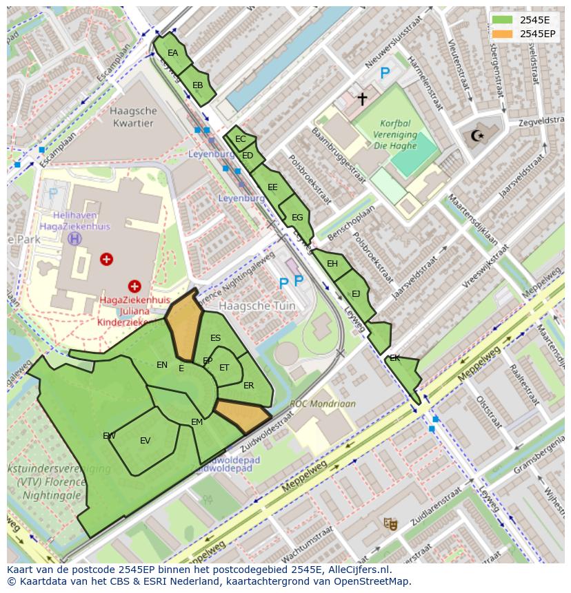 Afbeelding van het postcodegebied 2545 EP op de kaart.
