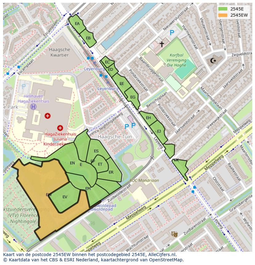 Afbeelding van het postcodegebied 2545 EW op de kaart.