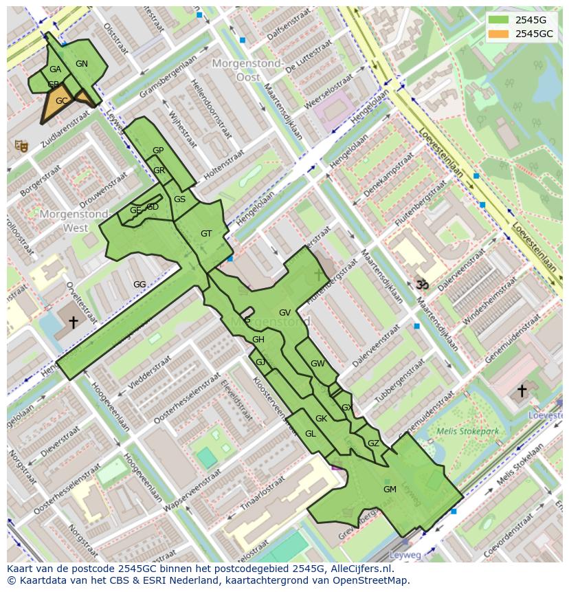 Afbeelding van het postcodegebied 2545 GC op de kaart.