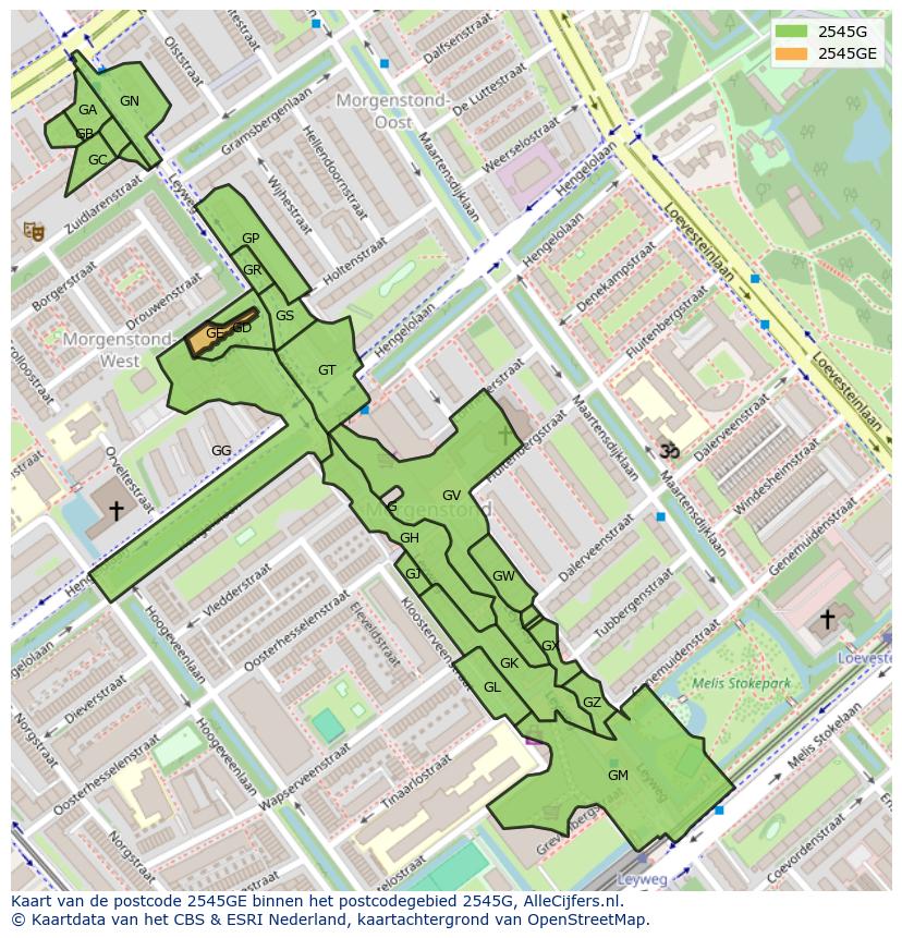 Afbeelding van het postcodegebied 2545 GE op de kaart.