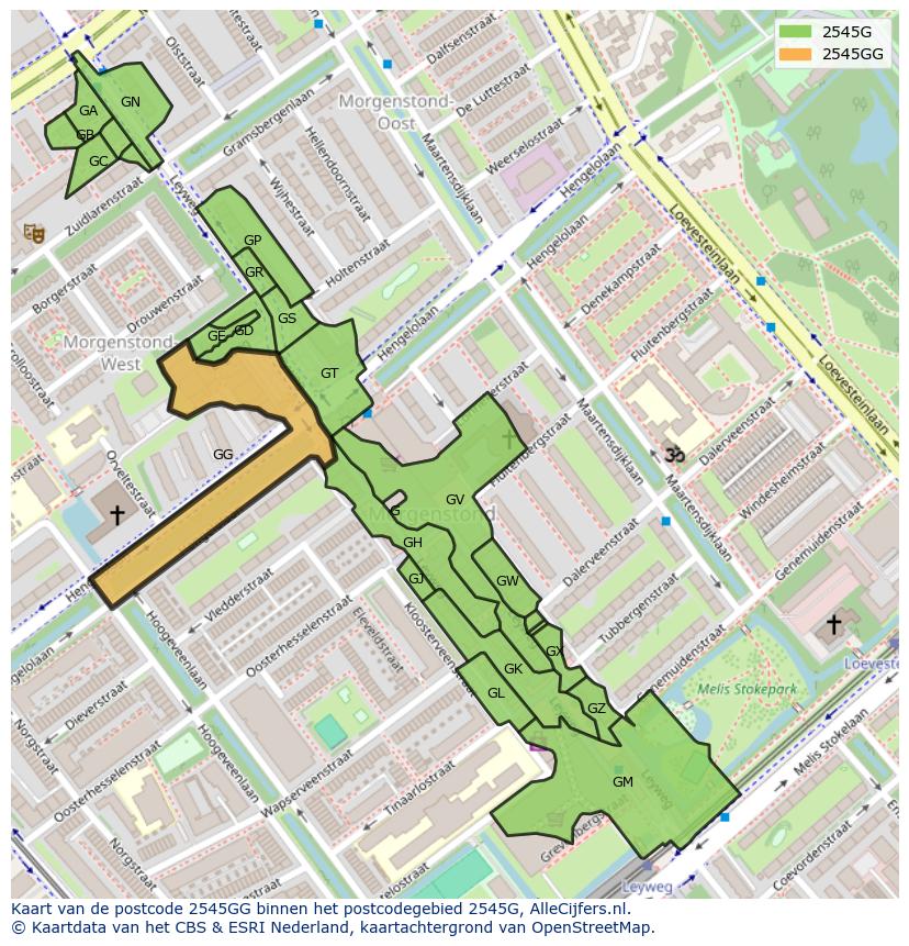 Afbeelding van het postcodegebied 2545 GG op de kaart.