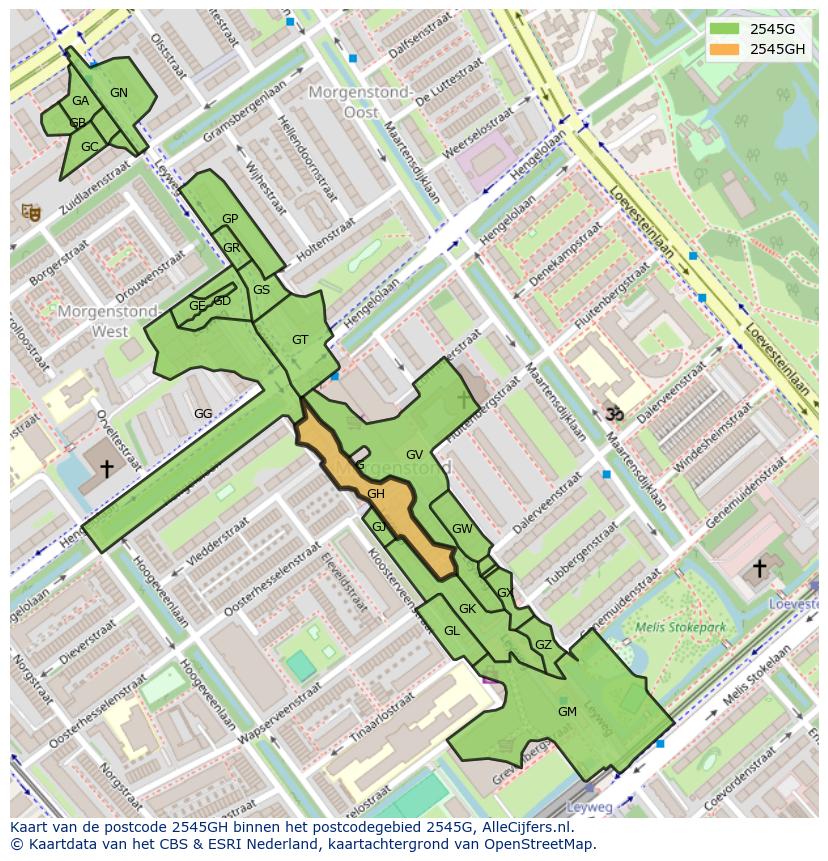 Afbeelding van het postcodegebied 2545 GH op de kaart.