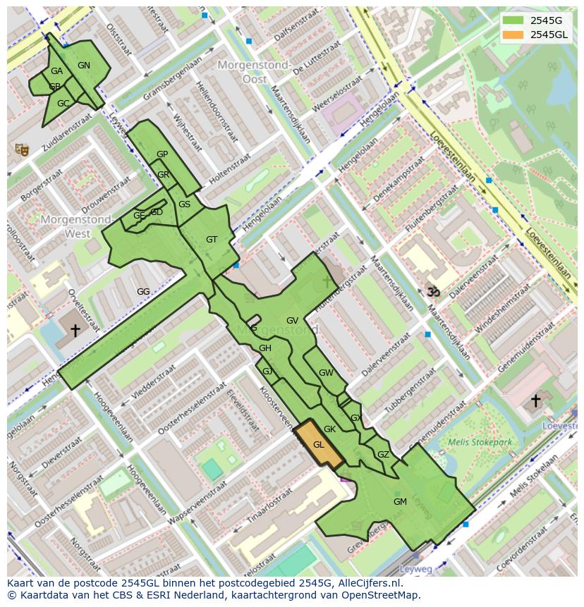 Afbeelding van het postcodegebied 2545 GL op de kaart.