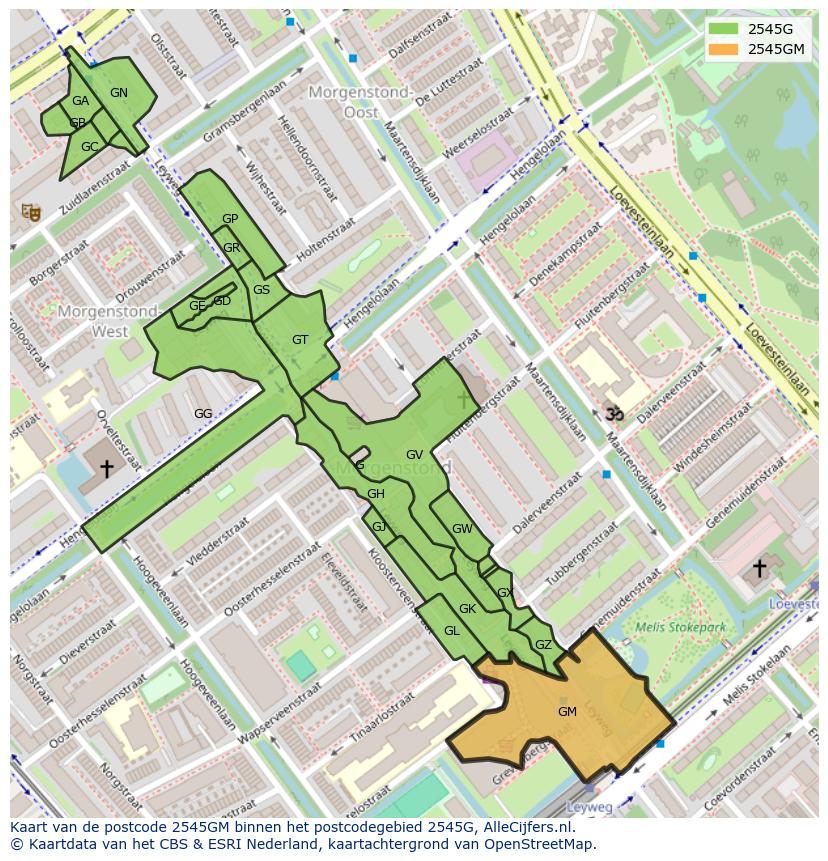 Afbeelding van het postcodegebied 2545 GM op de kaart.